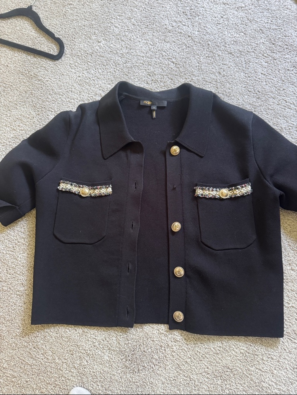 Maje Black Short-Sleeve Knit Jacket with Embellished Pocket Trim